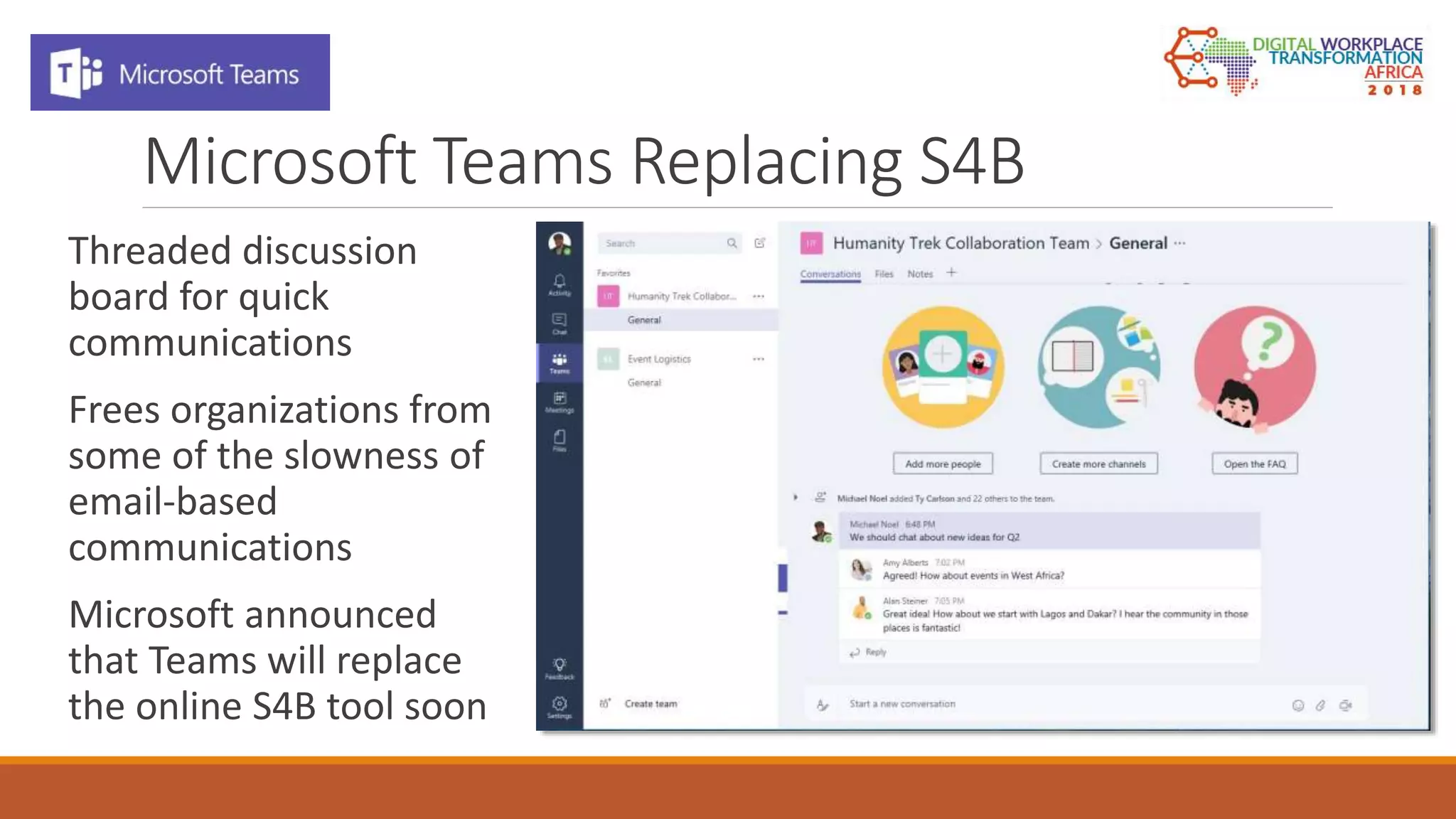 Microsoft Teams Replacing S4B
Threaded discussion
board for quick
communications
Frees organizations from
some of the slowness of
email-based
communications
Microsoft announced
that Teams will replace
the online S4B tool soon
 