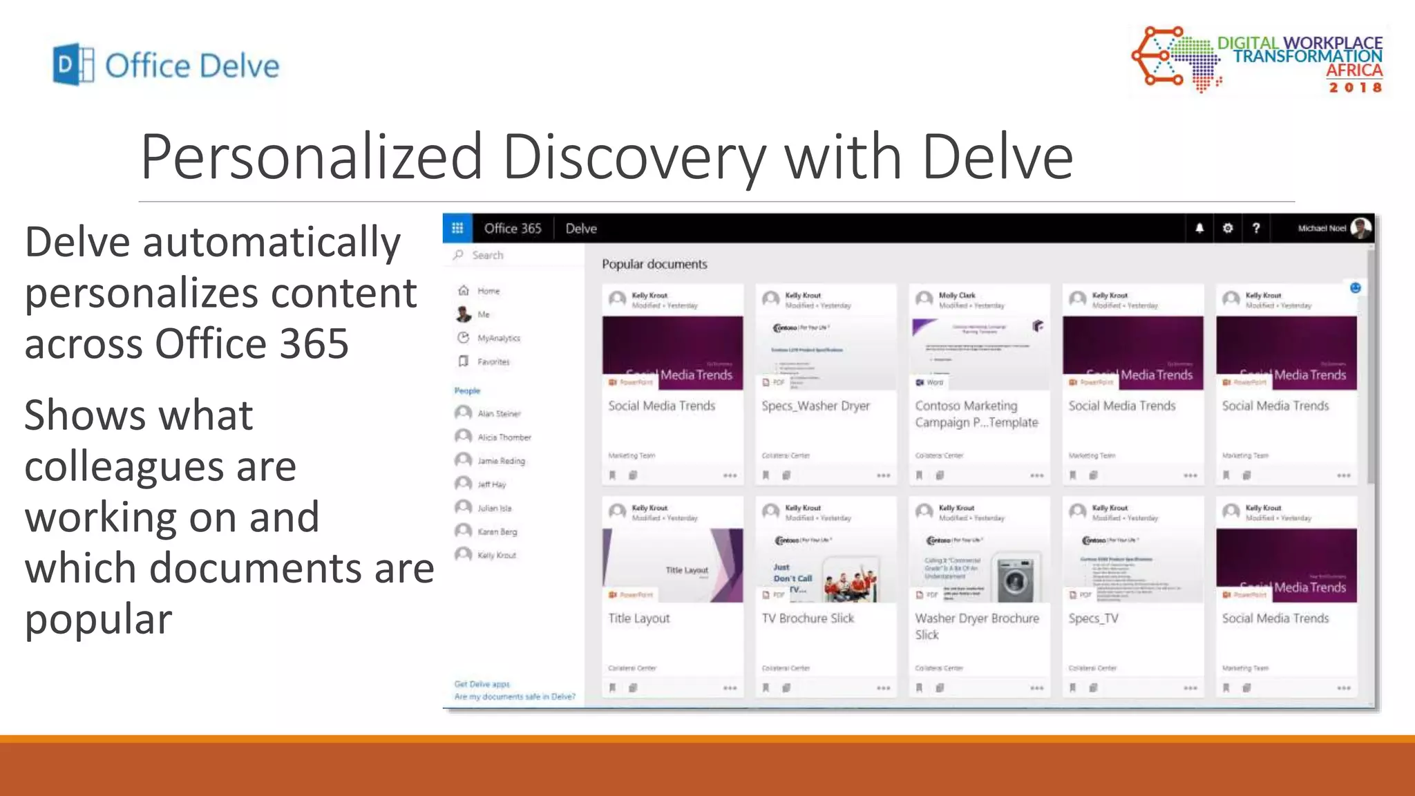 Personalized Discovery with Delve
Delve automatically
personalizes content
across Office 365
Shows what
colleagues are
working on and
which documents are
popular
 