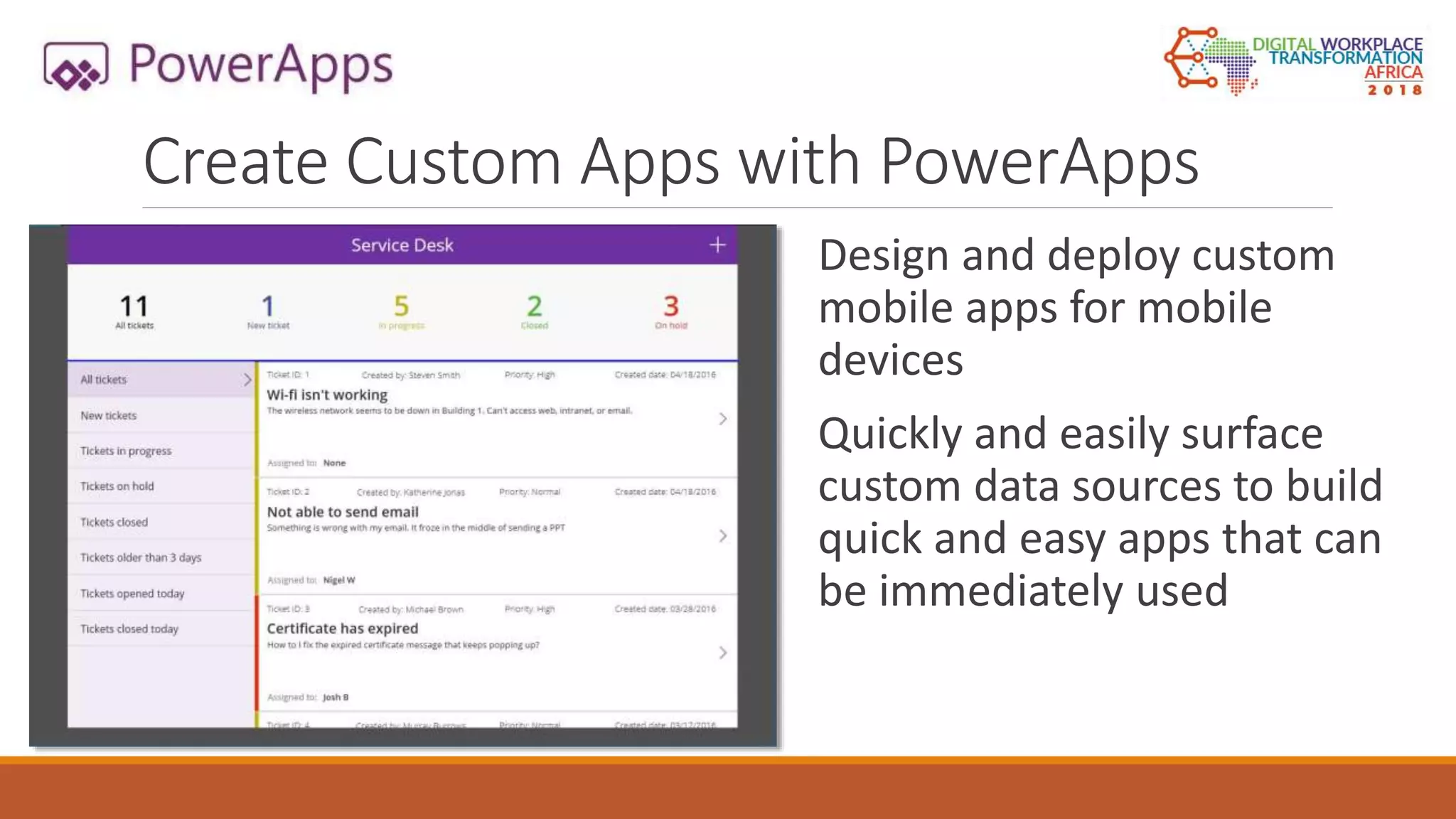 Create Custom Apps with PowerApps
Design and deploy custom
mobile apps for mobile
devices
Quickly and easily surface
custom data sources to build
quick and easy apps that can
be immediately used
 