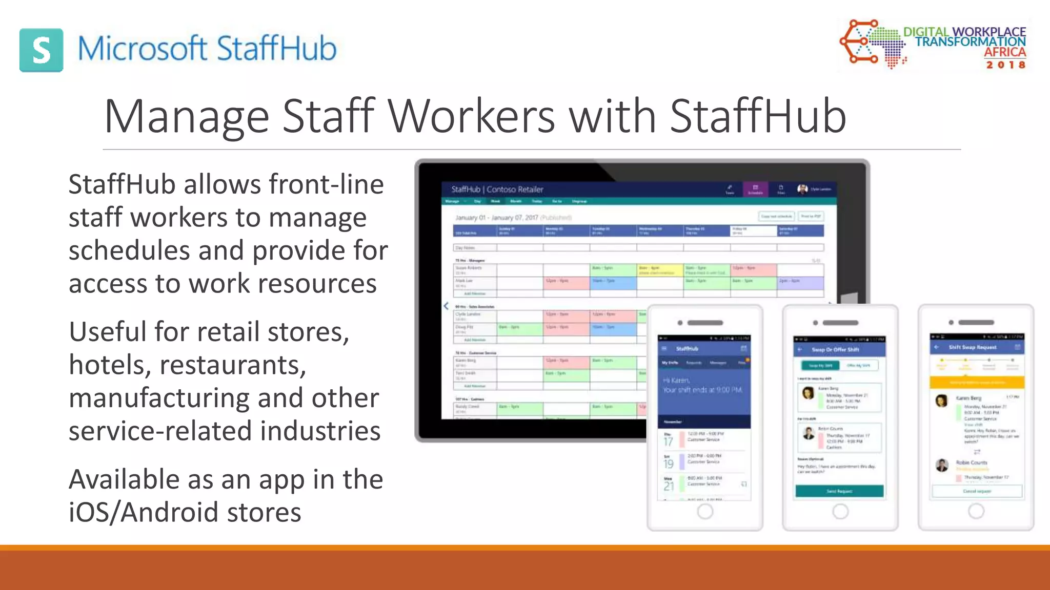 Manage Staff Workers with StaffHub
StaffHub allows front-line
staff workers to manage
schedules and provide for
access to work resources
Useful for retail stores,
hotels, restaurants,
manufacturing and other
service-related industries
Available as an app in the
iOS/Android stores
 