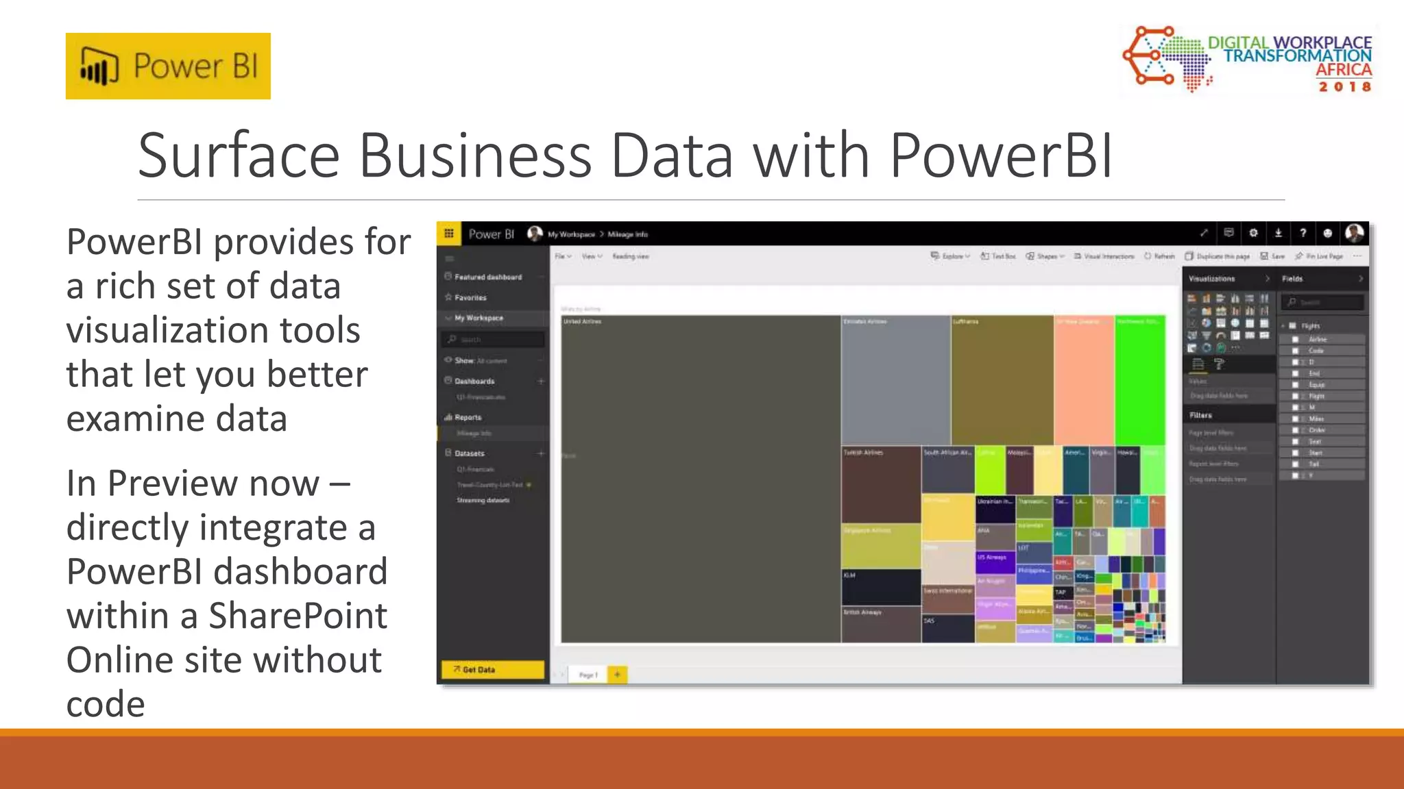 Surface Business Data with PowerBI
PowerBI provides for
a rich set of data
visualization tools
that let you better
examine data
In Preview now –
directly integrate a
PowerBI dashboard
within a SharePoint
Online site without
code
 