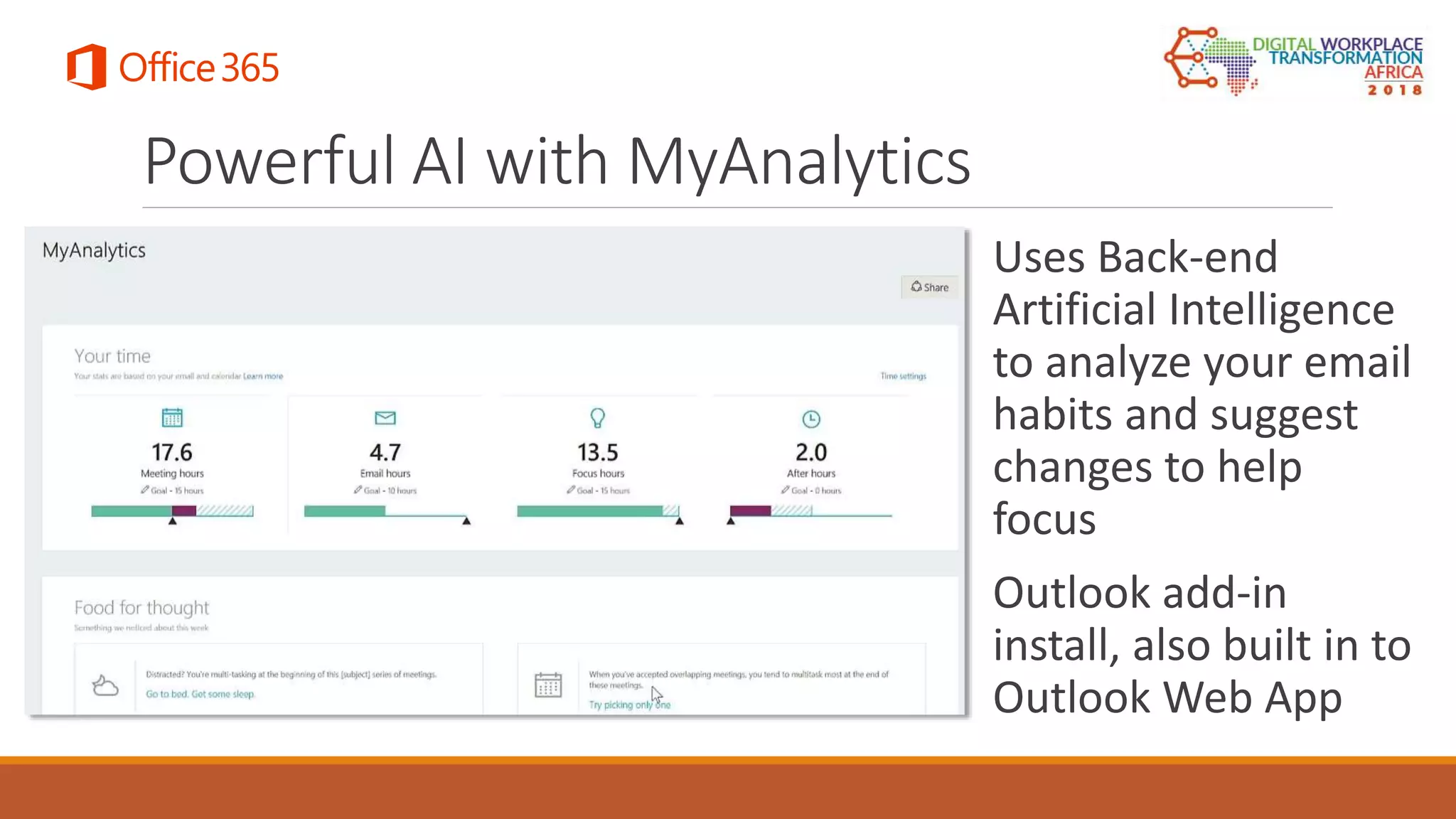 Powerful AI with MyAnalytics
Uses Back-end
Artificial Intelligence
to analyze your email
habits and suggest
changes to help
focus
Outlook add-in
install, also built in to
Outlook Web App
 