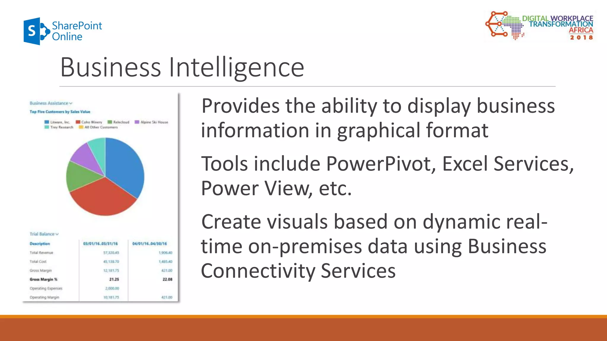 Provides the ability to display business
information in graphical format
Tools include PowerPivot, Excel Services,
Power View, etc.
Create visuals based on dynamic real-
time on-premises data using Business
Connectivity Services
Business Intelligence
 