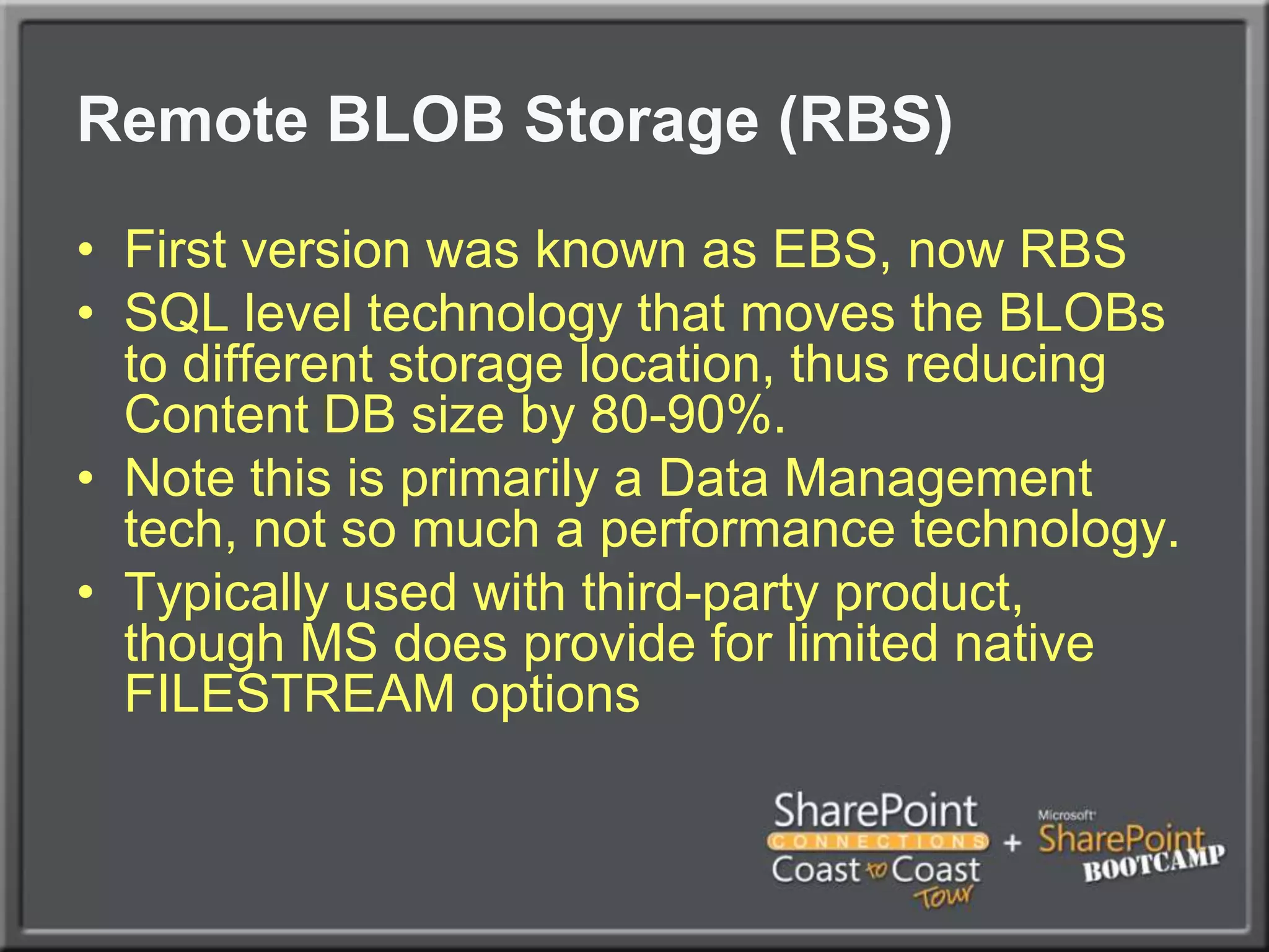 Content Database and Site Collection PlanningStart with a distributed architecture of content databases from the beginning, within reason (more than 50 per SQL instance is not recommended)Distribute content across Site Collections from the beginning as well, it is very difficult to extract content after the faceAllow your environment to scale and your users to ‘grow into’ their SharePoint site collections