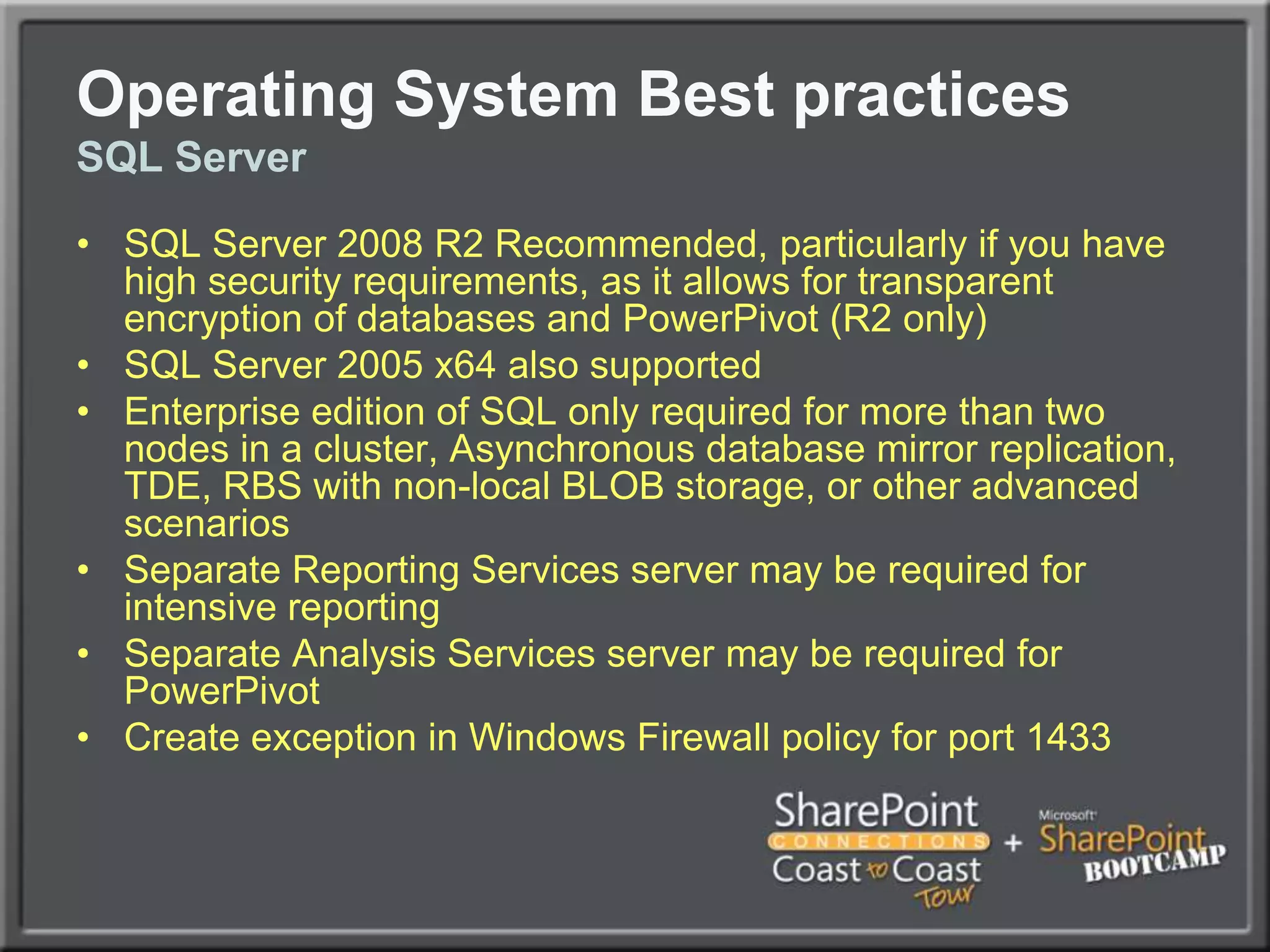 Hardware Planning ConsiderationsDisk, Memory, and ProcessorSQL Database role requires a great deal of space, especially if versioning is turned on in Document Libraries.  Don’t underestimate!Servers running the Search Service Application Index or Query need hard drive space to store  the Index  files, which can be 5%-30% of the size of the items being indexed.The more memory and processor cores that can be given to SharePoint the better, in the following priority:Database RoleSearch Service Application RoleOther Service Application RolesWeb Role