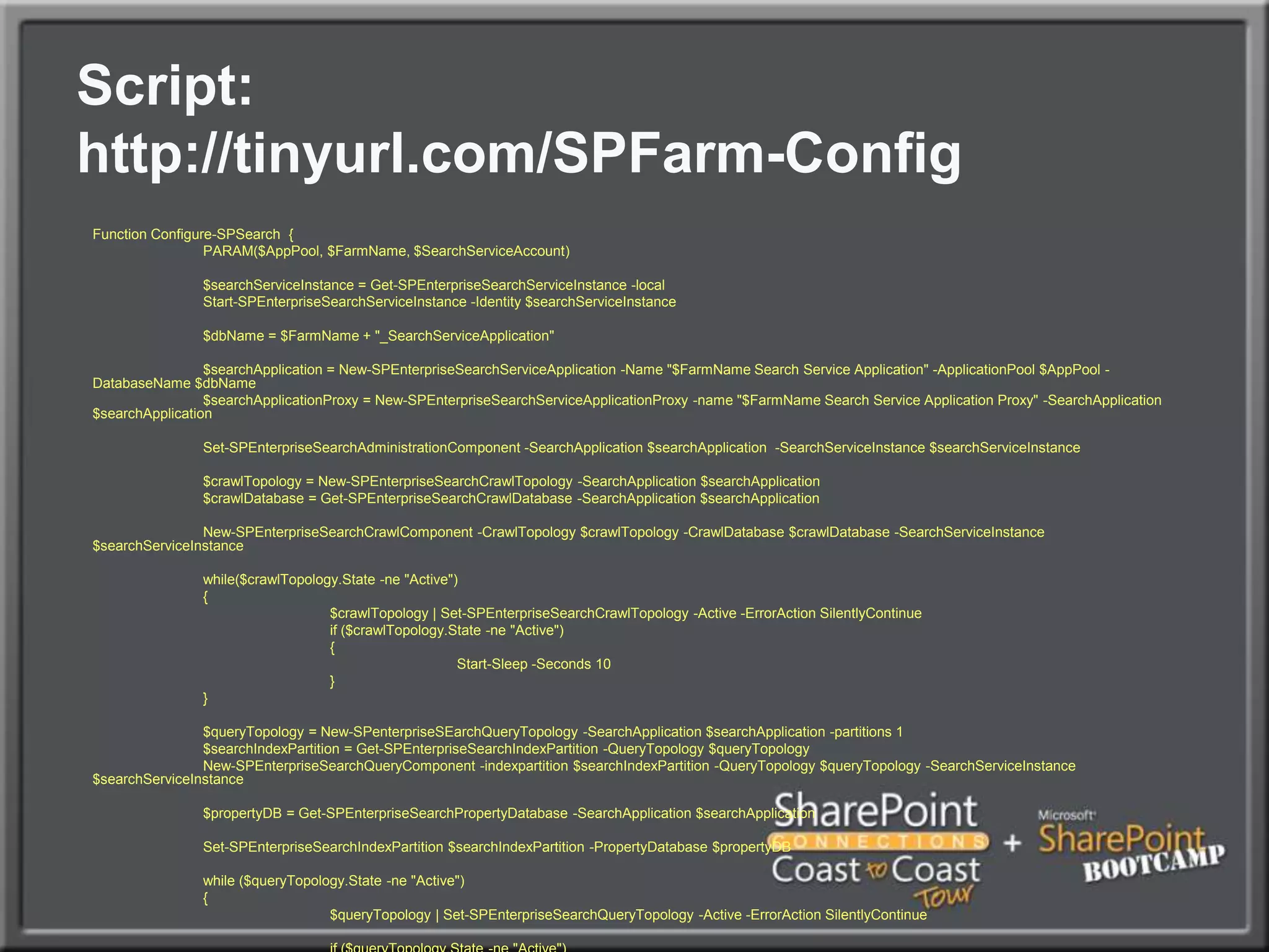 SharePoint InstallationInstallation ProcessHighly recommended to choose the final destination for the Index/Query to live (i.e. if it’s on a different drive, enter that during installation).  It’s difficult to change index location later.Remember, after installing the binaries, the server is not a farm member yet…it can be added to any farm.  Good concept to use to pre-stage servers.