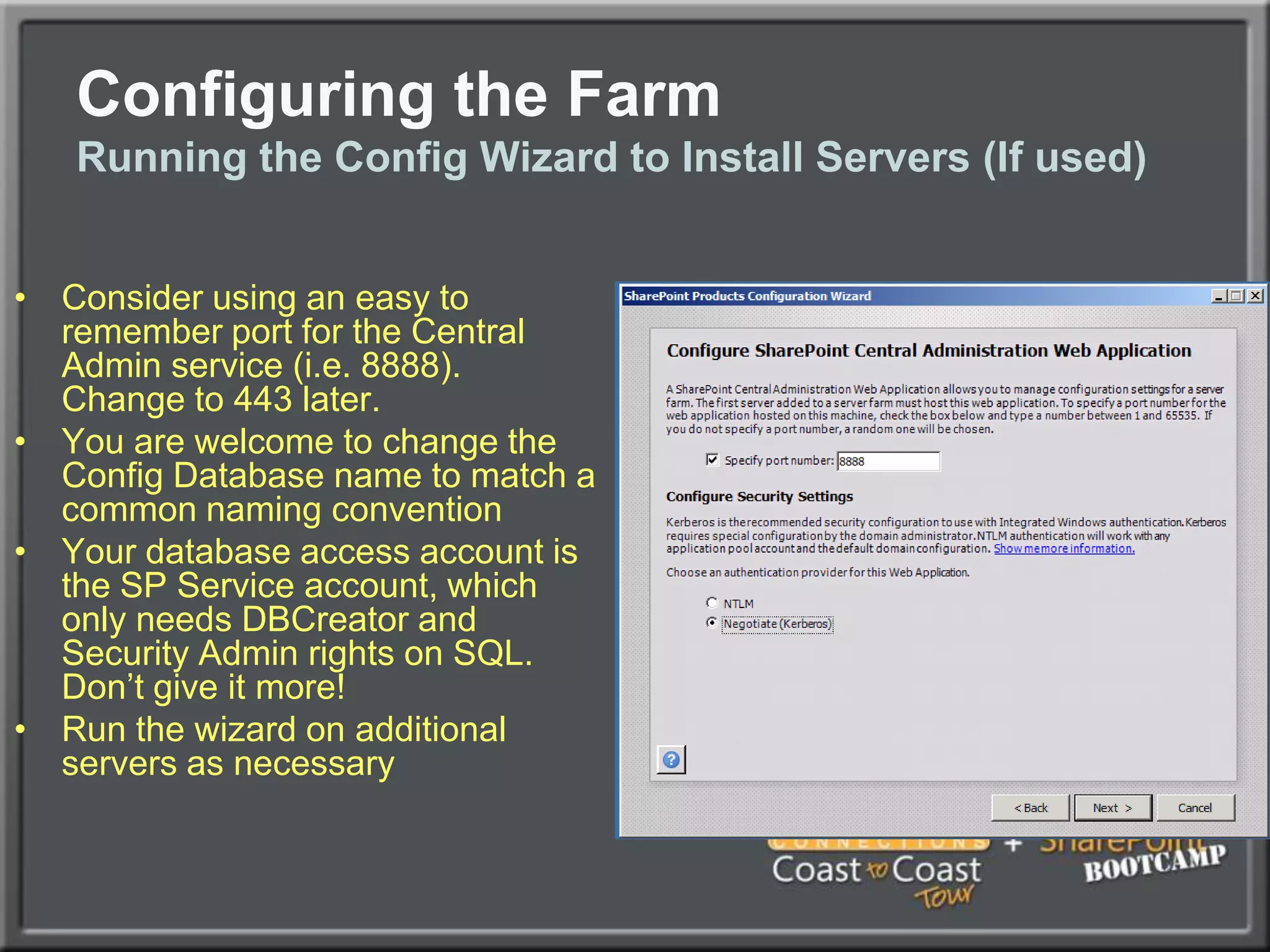 SharePoint InstallationSome Manual Service Apps Still RequiredDue to bugs in SharePoint, certain Service Apps will need to be manually configured, they won’t work in PowerShell yet, hopefully fixed in later versionsThis includes the following:PerformancePoint Service ApplicationUser Profile Service ApplicationWeb Analytics Service Application