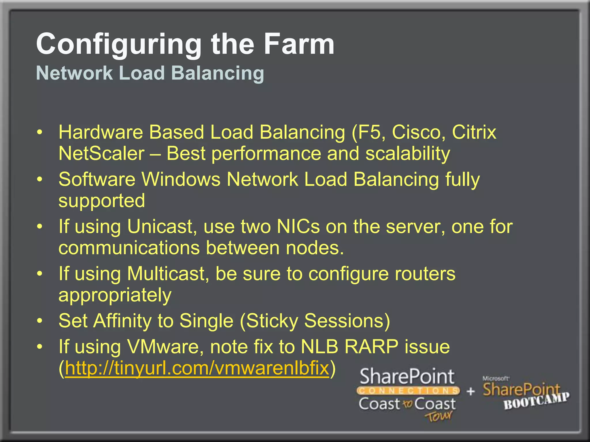 Configuring the FarmSQL AliasA SQL Alias will help you if you need to change your DB location.  For example, if your SQL server name is ‘SQL1’, use something like ‘SPSQL’ to connect, and have DNS point to the proper server location.  This makes it MUCH more flexible.Use the SQL Native Client 10.0 Configuration (32bit) node to create the alias