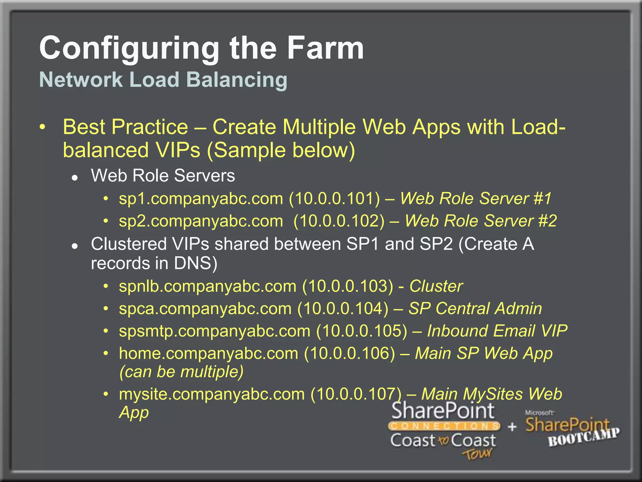 Install SQL Client Tools, including the Backwards Compatibility Client Tools.  Launch the SQL Server Configuration Manager and create three SQL aliases using the 32bit Alias section:spdbcontent.companyabc.com spdbsearch.companyabc.comspdbservices.companyabc.comPoint all to the SQL server name, port 1433.Launch the SQL Server Client Network Utility (\System32\cliconfg.exe) and create the same 3 aliases as above using TCP/IP and port 1433.  Make sure to map the alias to the SQL netbios name (or cluster netbios name) as aboveConfiguring the FarmSQL Alias