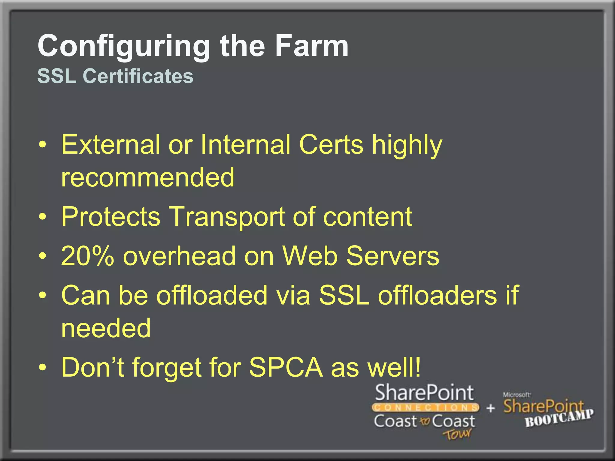 Configuring the FarmNetwork Load BalancingBest Practice – Create Multiple Web Apps with Load-balanced VIPs (Sample below)Web Role Serverssp1.companyabc.com (10.0.0.101) – Web Role Server #1sp2.companyabc.com  (10.0.0.102) – Web Role Server #2Clustered VIPs shared between SP1 and SP2 (Create A records in DNS)spnlb.companyabc.com (10.0.0.103) - Clusterspca.companyabc.com (10.0.0.104) – SP Central Adminspsmtp.companyabc.com (10.0.0.105) – Inbound Email VIPhome.companyabc.com (10.0.0.106) – Main SP Web App (can be multiple)mysite.companyabc.com (10.0.0.107) – Main MySites Web App