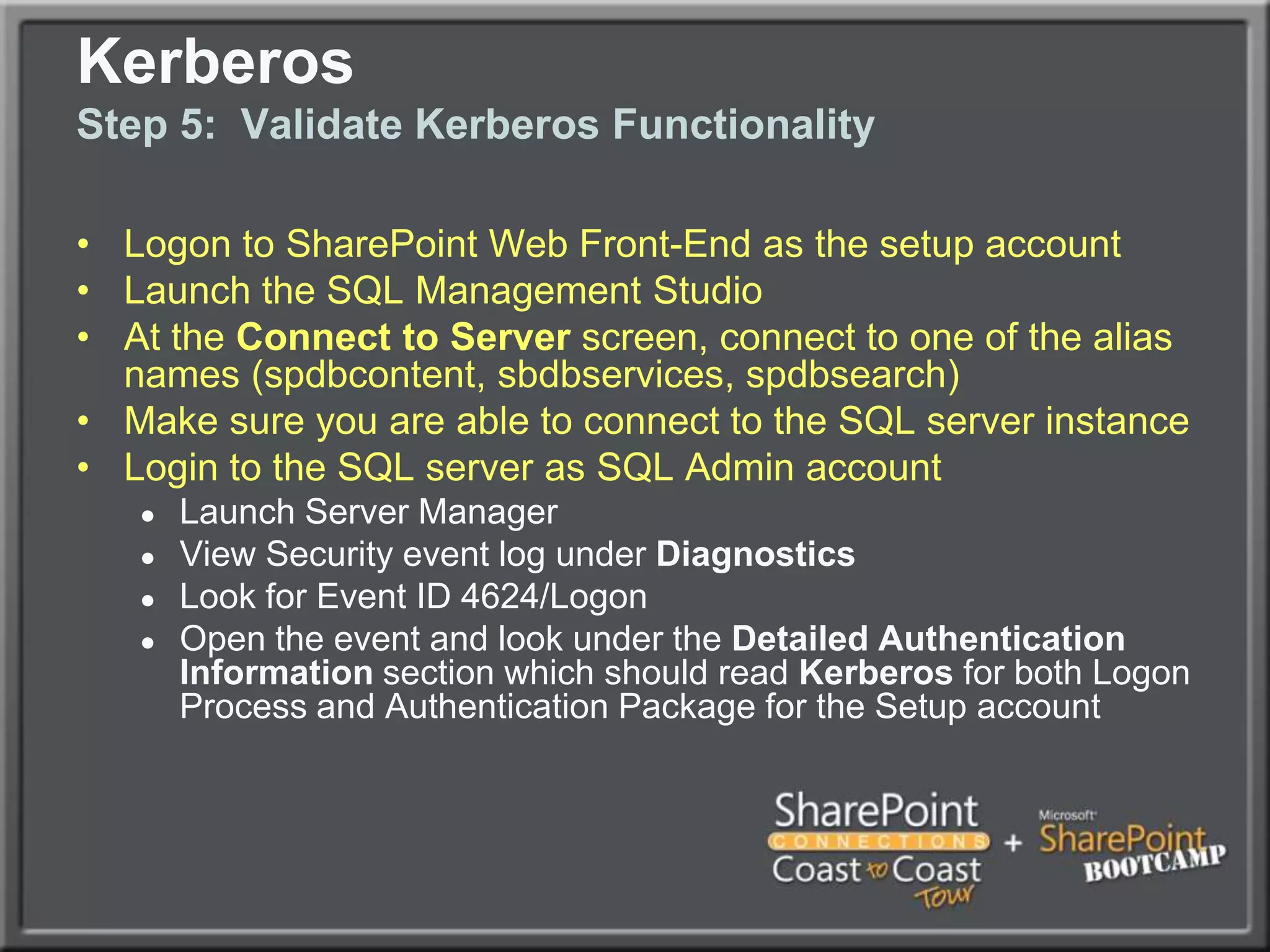 Kerberos Step 3: Allow  User and Computer Accounts to Delegate (Optional)Required for Excel Services and other impersonation applications.On all SP Computer accounts and on the Application Identity accounts, check the box in ADUC to allow for delegation. In ADUC, navigate to the computer or user account, right-click and choose Properties. Go to the Delegation tab Choose Trust this user/computer for delegation to any service (Kerberos)