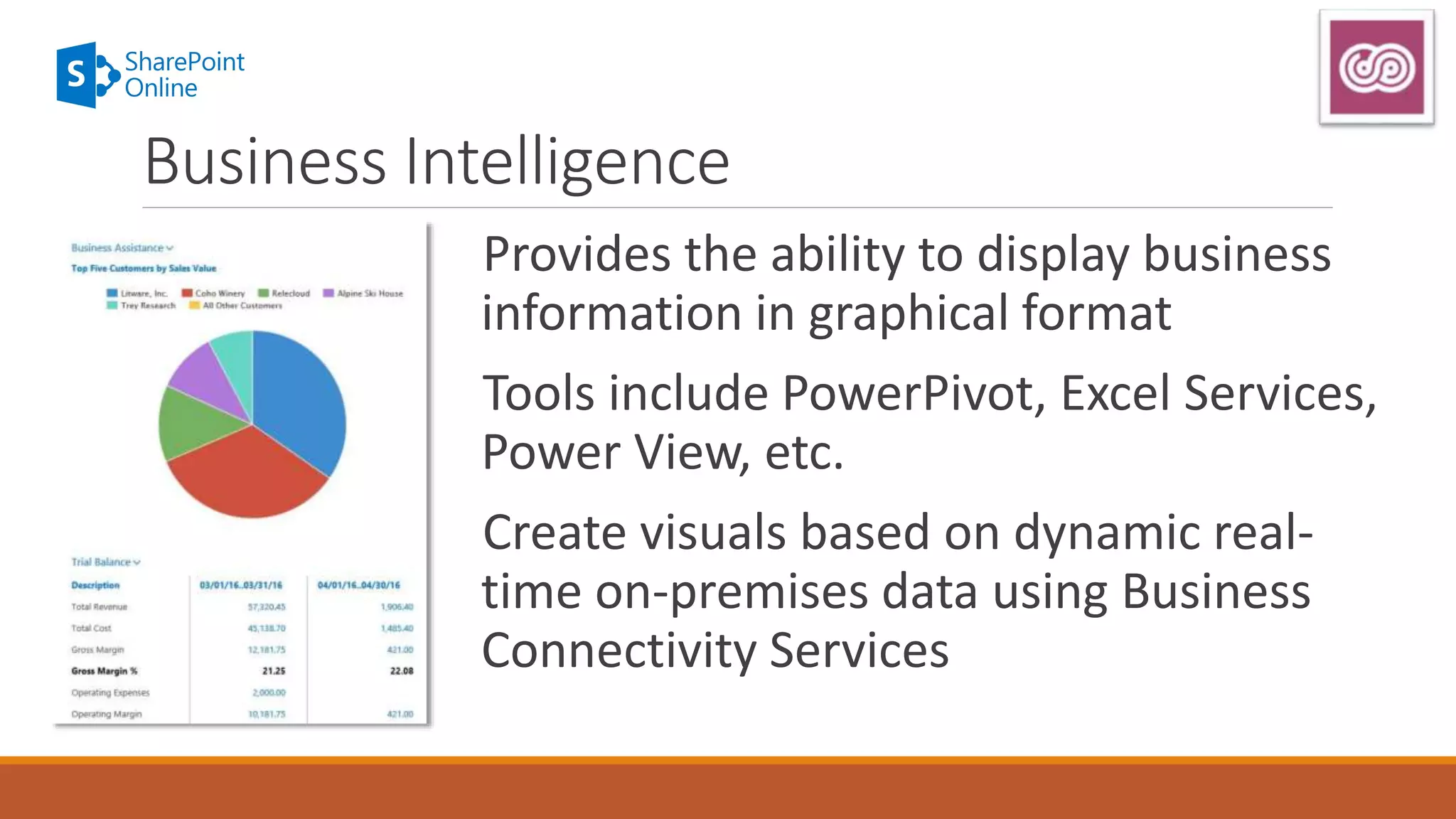 Provides the ability to display business
information in graphical format
Tools include PowerPivot, Excel Services,
Power View, etc.
Create visuals based on dynamic real-
time on-premises data using Business
Connectivity Services
Business Intelligence
 
