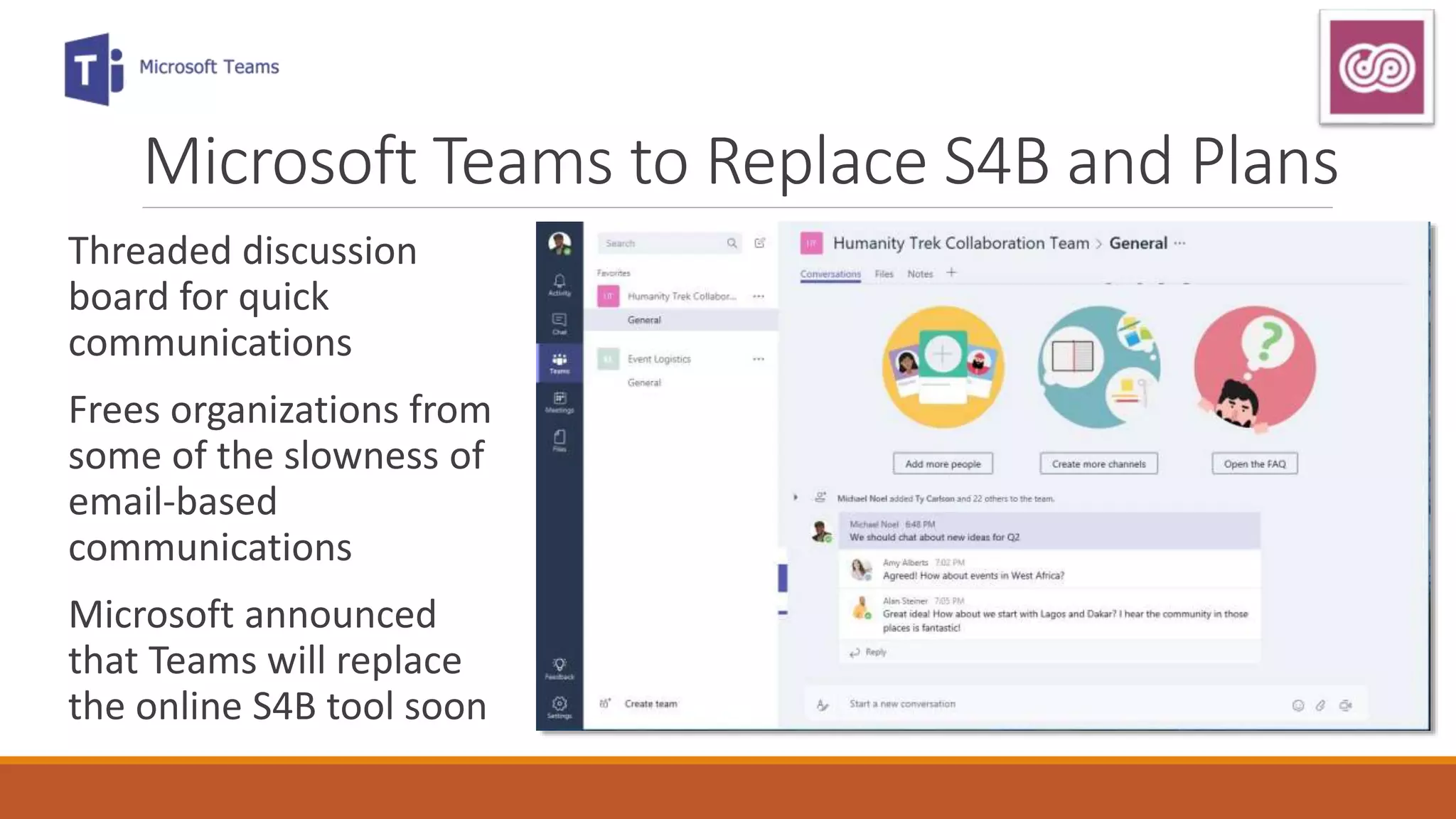 Microsoft Teams to Replace S4B and Plans
Threaded discussion
board for quick
communications
Frees organizations from
some of the slowness of
email-based
communications
Microsoft announced
that Teams will replace
the online S4B tool soon
 