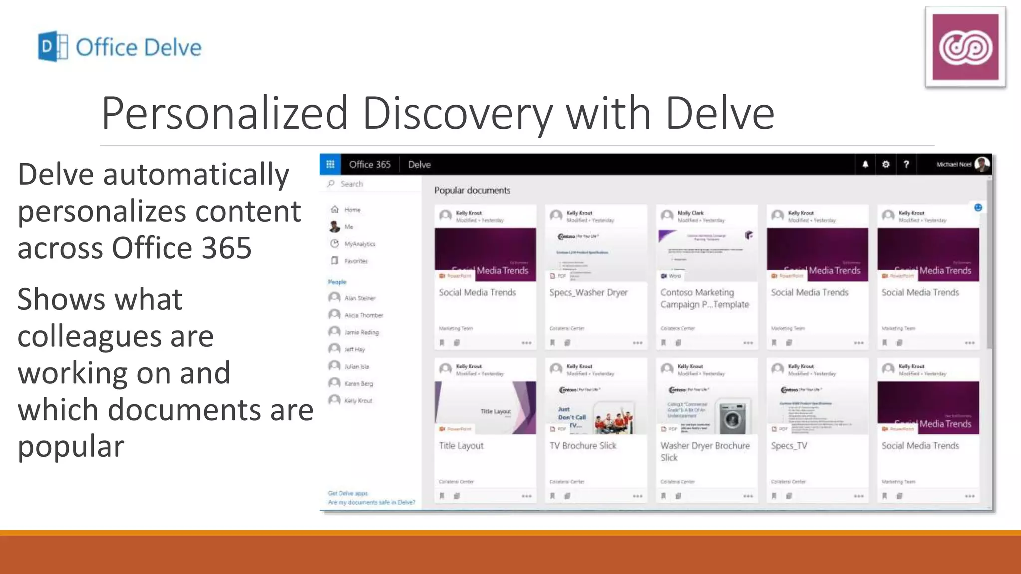 Personalized Discovery with Delve
Delve automatically
personalizes content
across Office 365
Shows what
colleagues are
working on and
which documents are
popular
 