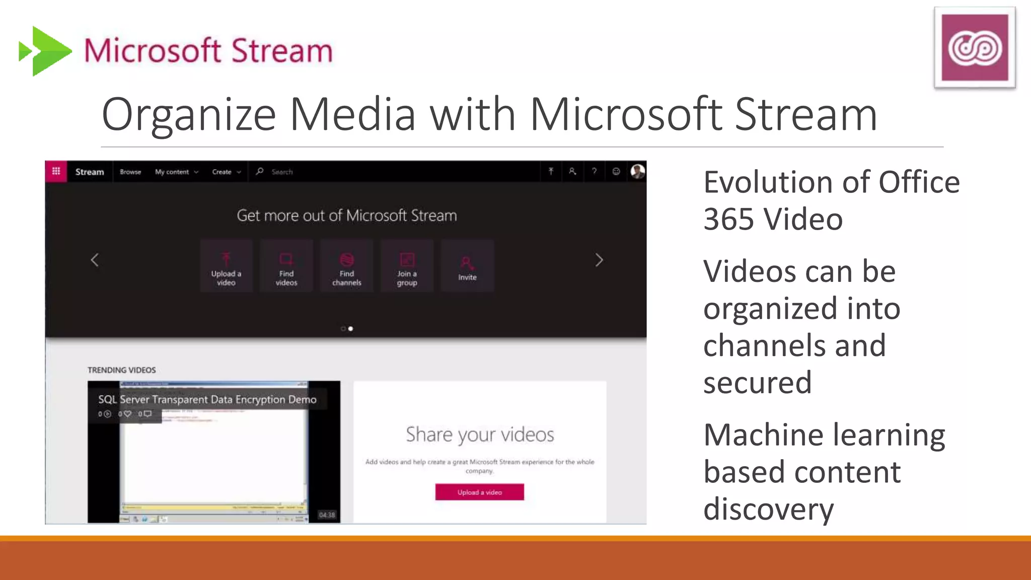 Organize Media with Microsoft Stream
Evolution of Office
365 Video
Videos can be
organized into
channels and
secured
Machine learning
based content
discovery
 