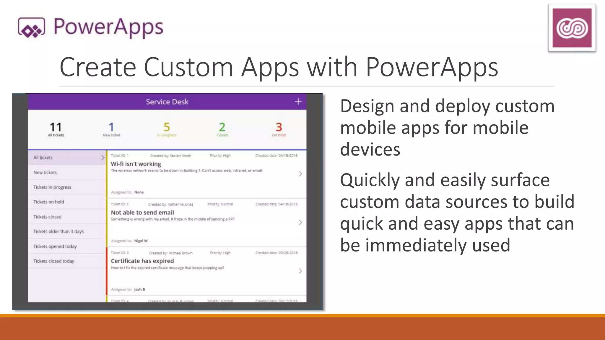 Create Custom Apps with PowerApps
Design and deploy custom
mobile apps for mobile
devices
Quickly and easily surface
custom data sources to build
quick and easy apps that can
be immediately used
 