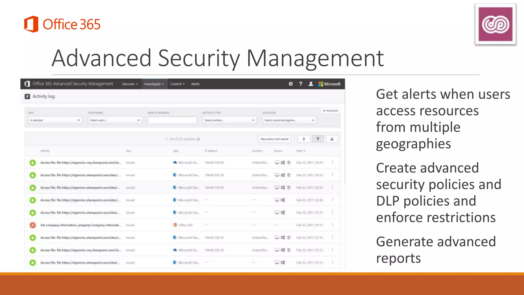 Get alerts when users
access resources
from multiple
geographies
Create advanced
security policies and
DLP policies and
enforce restrictions
Generate advanced
reports
Advanced Security Management
 