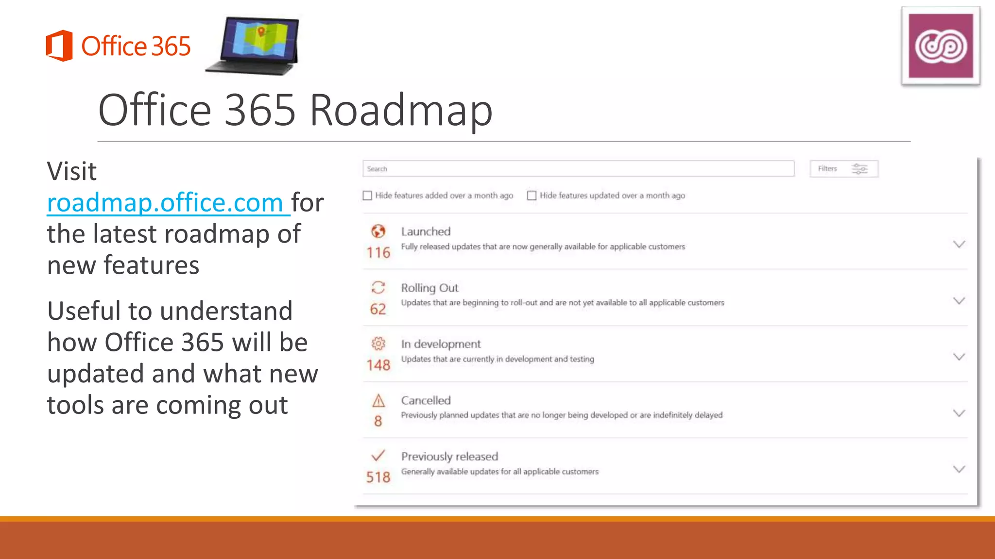 Visit
roadmap.office.com for
the latest roadmap of
new features
Useful to understand
how Office 365 will be
updated and what new
tools are coming out
Office 365 Roadmap
 