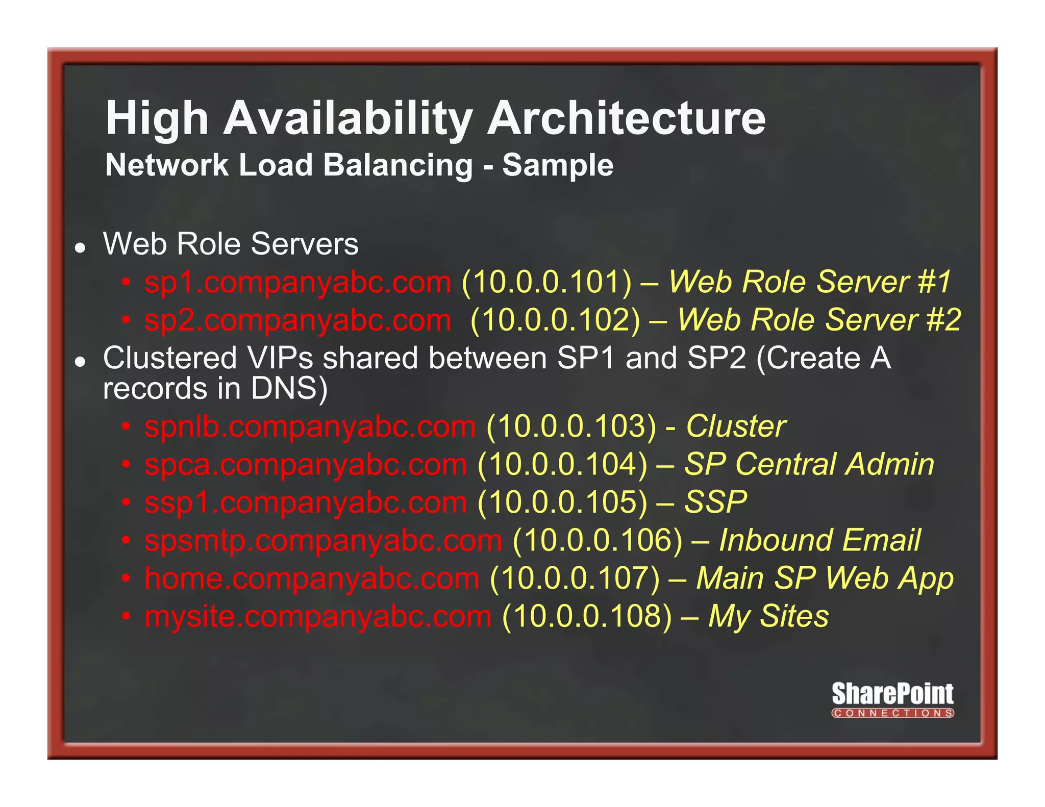 High Availability Architecture
    Network Load Balancing - Sample

●   Web Role Servers
     • sp1.companyabc.com (10.0.0.101) – Web Role Server #1
     • sp2.companyabc.com (10.0.0.102) – Web Role Server #2
●   Clustered VIPs shared between SP1 and SP2 (Create A
    records in DNS)
     • spnlb.companyabc.com (10.0.0.103) - Cluster
     • spca.companyabc.com (10 0 0 104) – SP C t l Ad i
                      b      (10.0.0.104)     Central Admin
     • ssp1.companyabc.com (10.0.0.105) – SSP
     • spsmtp.companyabc.com (10.0.0.106) – Inbound Email
        p    p    p y          (          )
     • home.companyabc.com (10.0.0.107) – Main SP Web App
     • mysite.companyabc.com (10.0.0.108) – My Sites
 