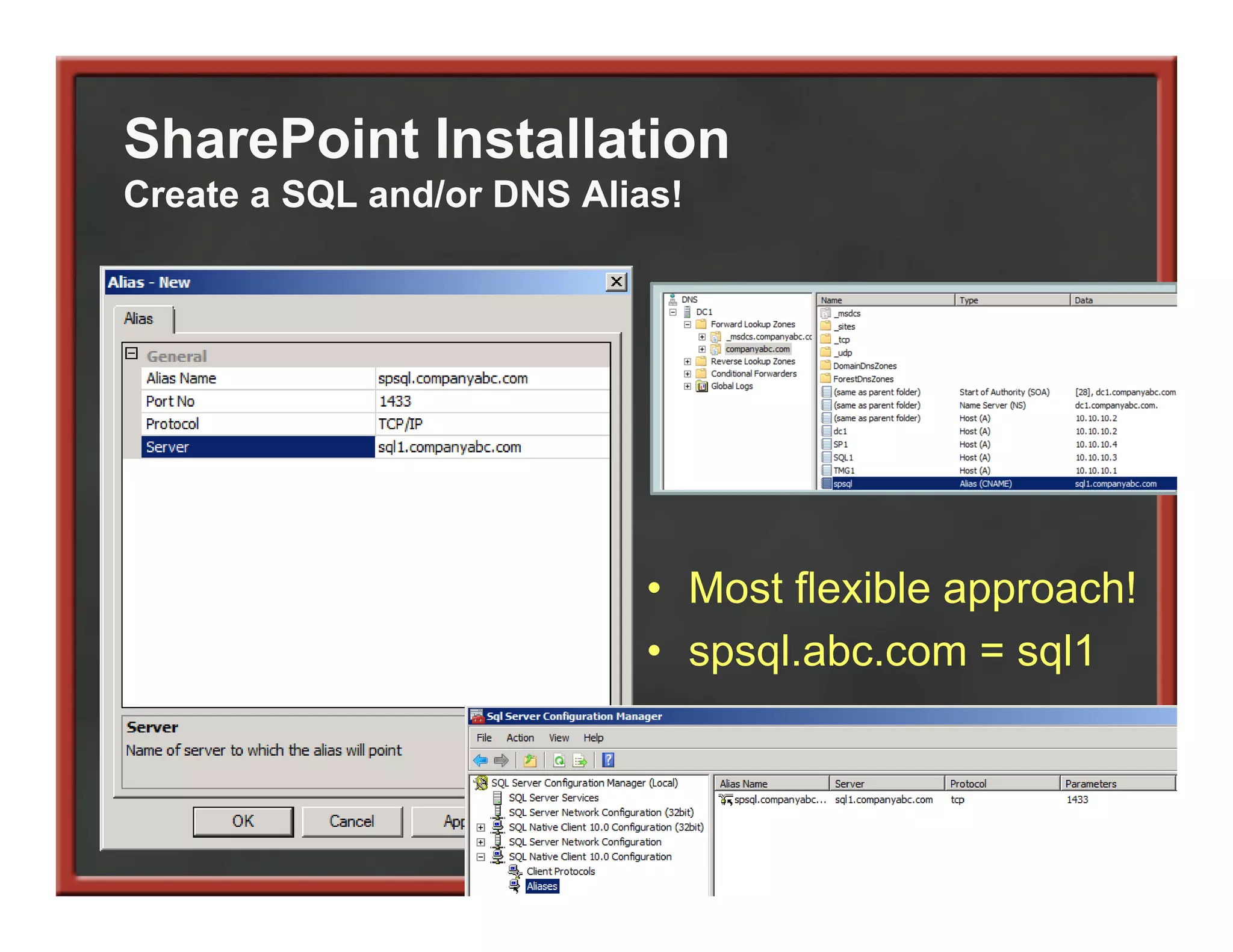 SharePoint Installation
Create a SQL and/or DNS Alias!




                            • Most flexible approach!
                            • spsql abc com = sql1
                              spsql.abc.com
 