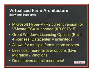 Virtualized Farm Architecture
Easy and Supported


• Microsoft Hyper-V (R2 current version) or
  VMware ESX supported (KB 897615)
• Great Windows Licensing Options (Ent =
  4 licenses, Datacenter = unlimited)
• Allows for multiple farms, more servers
• L
  Less cost, more f il
           t       failover options (Li
                              ti    (Live
  Migration / Vmotion)
• Do not overcommit resources!
 