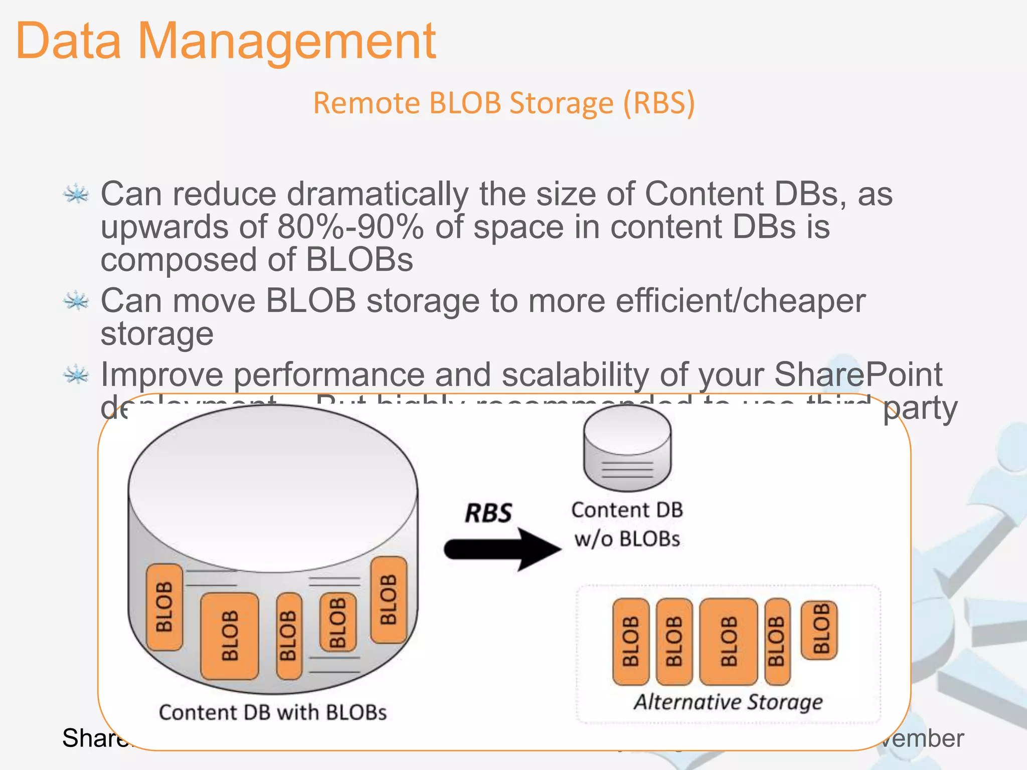 Data Management
                     Remote BLOB Storage (RBS)

    Can reduce dramatically the size of Content DBs, as
    upwards of 80%-90% of space in content DBs is
    composed of BLOBs
    Can move BLOB storage to more efficient/cheaper
    storage
    Improve performance and scalability of your SharePoint
    deployment – But highly recommended to use third party




 SharePoint dnevi 2012               Kranjska gora, 26. in 27. november
 