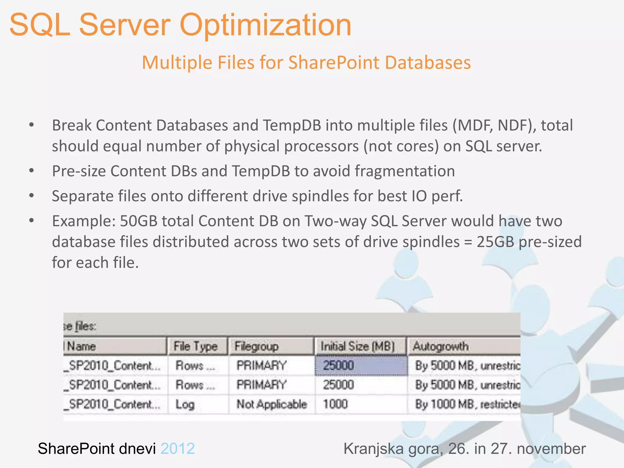 SQL Server Optimization
                 Multiple Files for SharePoint Databases

 • Break Content Databases and TempDB into multiple files (MDF, NDF), total
   should equal number of physical processors (not cores) on SQL server.
 • Pre-size Content DBs and TempDB to avoid fragmentation
 • Separate files onto different drive spindles for best IO perf.
 • Example: 50GB total Content DB on Two-way SQL Server would have two
   database files distributed across two sets of drive spindles = 25GB pre-sized
   for each file.




  SharePoint dnevi 2012                      Kranjska gora, 26. in 27. november
 