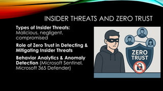 INSIDER THREATS AND ZERO TRUST
Types of Insider Threats:
Malicious, negligent,
compromised
Role of Zero Trust in Detecting &
Mitigating Insider Threats
Behavior Analytics & Anomaly
Detection (Microsoft Sentinel,
Microsoft 365 Defender)
 