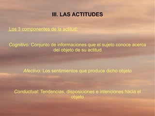 III. LAS ACTITUDES

Los 3 componentes de la actitud:


Cognitivo: Conjunto de informaciones que el sujeto conoce acerca
                     del objeto de su actitud



      Afectivo: Los sentimientos que produce dicho objeto



  Conductual: Tendencias, disposiciones e intenciones hacia el
                            objeto
 