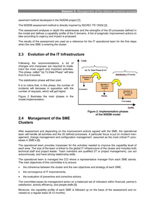 Session I: Management of the failure correction process
sessment method developed in the NOEMI project [7].
The NOEMI assessment method is directly inspired by ISO/IEC TR 15504 [2].
This assessment analyses in depth the weaknesses and the strengths of the 20 processes defined in
the model and defines a capability profile of the 5 domains. A list of pragmatic improvement actions to
take according to urgency and impact is proposed.
The results of the assessment are used as a reference for the IT operational team for the first steps
when the new SME is entering the cluster.
2.3 Evolution of the IT Infrastructure
Following the recommendations, a lot of
changes and manpower are required to imple-
ment the most urgent and important activities.
This phase, called “Up To Date Phase” will take
from 6 to 9 months.
The stabilization phase will then start.
It is to notice that, in this phase, the number of
incidents will decrease in opposition with the
number of requests, which will get higher.
Figure 2 illustrates the main phases in the
model implementation.
2.4 Management of the SME
Clusters
After assessment and depending on the improvement actions agreed with the SME, the operational
team will handle all activities and the 20 defined processes. A particular focus is put on incident man-
agement, change management and configuration management assumed as the most critical IT proc-
esses in SME’s [8].
The operational team provides manpower for the activities needed to improve the capability level of
each area. The size of the team is linked to the global IT infrastructure of the cluster and includes both
technical staff and project leader. Team members are qualified (IT or project management), can act
autonomously, and have strong relationship skills.
The operational team is managed the CCI where a representative manager from each SME stands.
The main objectives of this committee is to ensure:
• the coherence between the cluster and the own objectives and strategy of each SME,
• the convergence of IT improvements,
• the evaluation of preventive and corrective actions.
The committee bases its management action on a balanced set of indicators within financial, partner’s
satisfaction, activity efficiency, and people skills [9].
Moreover, the capability profile of each SME is followed up on the basis of the assessment and re-
viewed on a regular basis (6-12 months).
Figure 2: Implementation phases
of the NOEMI model
 