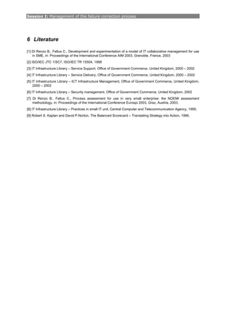Session I: Management of the failure correction process
6 Literature
[1] Di Renzo B., Feltus C., Development and experimentation of a model of IT collaborative management for use
in SME, in: Proceedings of the International Conference AIM 2003, Grenoble, France, 2003
[2] ISO/IEC JTC 1/SC7, ISO/IEC TR 15504, 1998
[3] IT Infrastructure Library – Service Support, Office of Government Commerce, United Kingdom, 2000 – 2002
[4] IT Infrastructure Library – Service Delivery, Office of Government Commerce, United Kingdom, 2000 – 2002
[5] IT Infrastructure Library – ICT Infrastructure Management, Office of Government Commerce, United Kingdom,
2000 – 2002
[6] IT Infrastructure Library – Security management, Office of Government Commerce, United Kingdom, 2002
[7] Di Renzo B., Feltus C., Process assessment for use in very small enterprise: the NOEMI assessment
methodology, in: Proceedings of the International Conference Eurospi 2003, Graz, Austria, 2003.
[8] IT Infrastructure Library – Practices in small IT unit, Central Computer and Telecommunication Agency, 1995.
[9] Robert S. Kaplan and David P.Norton, The Balanced Scorecard – Translating Strategy into Action, 1996.
 