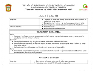 “2013. AÑO DEL BICENTENARIO DE LOS SENTIMIENTOS DE LA NACIÓN”
ESCUELA NORMAL DE ATIZAPÁN DE ZARAGOZA
“Formar para transformar con calidad, calidez y compromiso social”
Martes 23 de abril del 2013
Materiales  Imágenes de un oso, una muñeca, patineta, coche, pelota y tráiler, los
cuales tendrán sus precios.
 Ejemplos con ilustraciones representando algunas sumas y restas
 Hoja de ejercicios llamada “a encontrar números de dos cifras”
Situación didáctica  Problematización
 Búsqueda de resultados de restas.
Miércoles 24 de abril del 2013
Materiales  Ilustraciones de limones, cucharadas de azúcar y jarras de agua.
 Hoja de ejercicios llamada “ Problemas de suma y resta”
SECUENCIA DIDÁCTICA
Inicio:
 Se colocará en el pizarrón una serie de ejemplos con ilustraciones representando algunas sumas y restas, donde los
estudiantes inferirán el número faltante.
Desarrollo:
 Se les proporcionará una hoja de ejercicios llamada “a encontrar números de dos cifras”
 Posteriormente en el pizarrón se colocarán objetos de un oso, una muñeca, patineta, coche, pelota y tráiler, los cuales
tendrán sus precios.
 Se les planteará los problemas que en el libro de texto se manejan en la pagina 153.
Cierre:
 Se realizarán preguntas sobre el proceso que cada estudiante ha realizado y exponiendo las dudas o dificultades que se
efectuaron en la realización de los problemas.
 