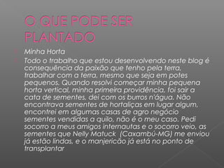    Minha Horta
   Todo o trabalho que estou desenvolvendo neste blog é
    consequência da paixão que tenho pela terra,
    trabalhar com a terra, mesmo que seja em potes
    pequenos. Quando resolvi começar minha pequena
    horta vertical, minha primeira providência, foi sair a
    cata de sementes, dei com os burros n'água. Não
    encontrava sementes de hortaliças em lugar algum,
    encontrei em algumas casas de agro negócio
    sementes vendidas a quilo, não é o meu caso. Pedi
    socorro a meus amigos internautas e o socorro veio, as
    sementes que Nelly Matuck (Caxambú-MG) me enviou
    já estão lindas, e o manjericão já está no ponto de
    transplantar
 
