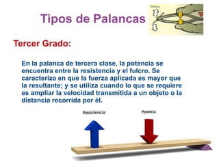 Palancas Palancas :   es una máquina simple que tiene como función transmitir una fuerza y un desplazamiento. Está compuesta por una barra rígida que puede girar libremente alrededor de un punto de apoyo llamado fulcro . 