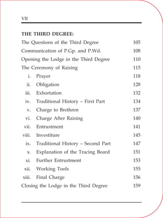 VII
THE THIRD DEGREE:
The Questions of the Third Degree 105
Communication of P.Gp. and P.Wd. 108
Opening the Lodge in the Third Degree 110
The Ceremony of Raising 115
i. Prayer 118
ii. Obligation 128
iii. Exhortation 132
iv. Traditional History – First Part 134
v. Charge to Brethren 137
vi. Charge After Raising 140
vii. Entrustment 141
viii. Investiture 145
ix. Traditional History – Second Part 147
x. Explanation of the Tracing Board 151
xi. Further Entrustment 153
xii. Working Tools 155
xiii. Final Charge 156
Closing the Lodge in the Third Degree 159
 
