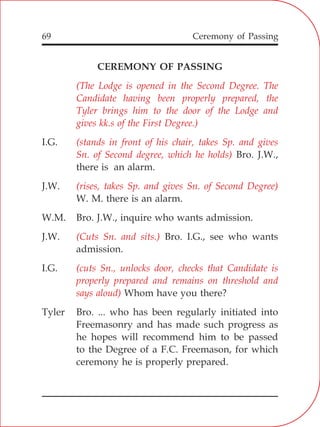 Ceremony of Passing69
CEREMONY OF PASSING
I.G.
Bro. J.W.,
there is an alarm.
J.W.
W. M. there is an alarm.
W.M. Bro. J.W., inquire who wants admission.
J.W. Bro. I.G., see who wants
admission.
I.G.
Whom have you there?
Tyler Bro. ... who has been regularly initiated into
Freemasonry and has made such progress as
he hopes will recommend him to be passed
to the Degree of a F.C. Freemason, for which
ceremony he is properly prepared.
(The Lodge is opened in the Second Degree. The
Candidate having been properly prepared, the
Tyler brings him to the door of the Lodge and
gives kk.s of the First Degree.)
(stands in front of his chair, takes Sp. and gives
Sn. of Second degree, which he holds)
(rises, takes Sp. and gives Sn. of Second Degree)
(Cuts Sn. and sits.)
(cuts Sn., unlocks door, checks that Candidate is
properly prepared and remains on threshold and
says aloud)
 