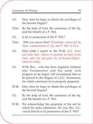 Ceremony of Passing 70
I.G. How does he hope to obtain the privileges of
the Second Degree?
Tyler By the help of God, the assistance of the Sq.
and the benefit of a P. Wd.
I.G. Is he in possession of the P. Wd.?
Tyler Will you prove him?
I.G. Halt while I report to the W.M.
I.G. W.M. Bro.... who has been regularly initiated
into Freemasonry and has made such
progress as he hopes will recommend him to
be passed to the Degree of a F.C. Freemason,
for which ceremony he is properly prepared.
W.M. How does he hope to obtain the privileges of
the Second Degree?
I.G. By the help of God, the assistance of the Sq.
and the benefit of a P. Wd.
W.M. We acknowledge the propriety of the aid by
which he seeks admission. Do you, Bro. I.G.,
vouch that he is in possession of the P. Wd?
(Candidate, instructed by
Tyler, communicates P. Gp. and P. Wd. to I.G.)
(I.G. closes
and locks door, returns to position in front of his
chair, takes Sp. and gives Sn. of Second Degree.,
which he holds).
 