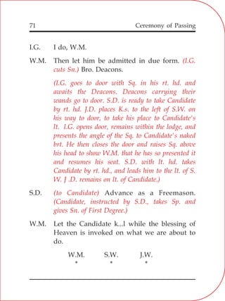 Ceremony of Passing71
I.G. I do, W.M.
W.M. Then let him be admitted in due form.
Bro. Deacons.
S.D. Advance as a Freemason.
W.M. Let the Candidate k...l while the blessing of
Heaven is invoked on what we are about to
do.
W.M. S.W. J.W.
* * *
(I.G.
cuts Sn.)
(I.G. goes to door with Sq. in his rt. hd. and
awaits the Deacons. Deacons carrying their
wands go to door. S.D. is ready to take Candidate
by rt. hd. J.D. places K.s. to the left of S.W. on
his way to door, to take his place to Candidate's
lt. I.G. opens door, remains within the lodge, and
presents the angle of the Sq. to Candidate's naked
brt. He then closes the door and raises Sq. above
his head to show W.M. that he has so presented it
and resumes his seat. S.D. with lt. hd. takes
Candidate by rt. hd., and leads him to the lt. of S.
W. J .D. remains on lt. of Candidate.)
(to Candidate)
(Candidate, instructed by S.D., takes Sp. and
gives Sn. of First Degree.)
 