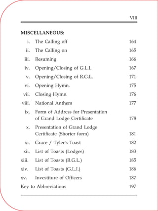 VIII
MISCELLANEOUS:
i. The Calling off 164
ii. The Calling on 165
iii. Resuming 166
iv. Opening/Closing of G.L.I. 167
v. Opening/Closing of R.G.L. 171
vi. Opening Hymn. 175
vii. Closing Hymn. 176
viii. National Anthem 177
ix. Form of Address for Presentation
of Grand Lodge Certificate 178
x. Presentation of Grand Lodge
Certificate (Shorter form) 181
xi. Grace / Tyler's Toast 182
xii. List of Toasts (Lodges) 183
xiii. List of Toasts (R.G.L.) 185
xiv. List of Toasts (G.L.I.) 186
xv. Investiture of Officers 187
Key to Abbreviations 197
 