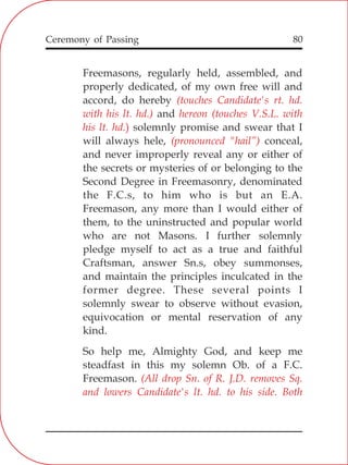 80
Freemasons, regularly held, assembled, and
properly dedicated, of my own free will and
accord, do hereby
and
solemnly promise and swear that I
will always hele, conceal,
and never improperly reveal any or either of
the secrets or mysteries of or belonging to the
Second Degree in Freemasonry, denominated
the F.C.s, to him who is but an E.A.
Freemason, any more than I would either of
them, to the uninstructed and popular world
who are not Masons. I further solemnly
pledge myself to act as a true and faithful
Craftsman, answer Sn.s, obey summonses,
and maintain the principles inculcated in the
former degree. These several points I
solemnly swear to observe without evasion,
equivocation or mental reservation of any
kind.
So help me, Almighty God, and keep me
steadfast in this my solemn Ob. of a F.C.
Freemason.
(touches Candidate's rt. hd.
with his lt. hd.) hereon (touches V.S.L. with
his lt. hd.)
(pronounced "hail”)
(All drop Sn. of R. J.D. removes Sq.
and lowers Candidate's lt. hd. to his side. Both
Ceremony of Passing
 