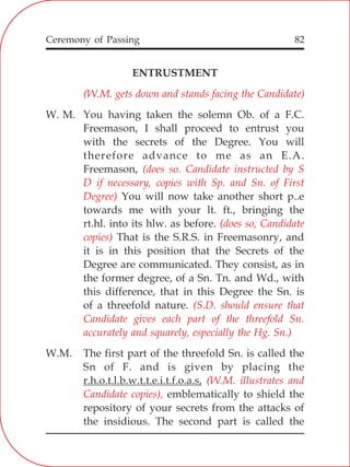 82
ENTRUSTMENT
W. M. You having taken the solemn Ob. of a F.C.
Freemason, I shall proceed to entrust you
with the secrets of the Degree. You will
therefore advance to me as an E.A.
Freemason,
You will now take another short p..e
towards me with your lt. ft., bringing the
rt.hl. into its hlw. as before.
That is the S.R.S. in Freemasonry, and
it is in this position that the Secrets of the
Degree are communicated. They consist, as in
the former degree, of a Sn. Tn. and Wd., with
this difference, that in this Degree the Sn. is
of a threefold nature.
W.M. The first part of the threefold Sn. is called the
Sn of F. and is given by placing the
r.h.o.t.l.b.w.t.t.e.i.t.f.o.a.s,
emblematically to shield the
repository of your secrets from the attacks of
the insidious. The second part is called the
(W.M. gets down and stands facing the Candidate)
(does so. Candidate instructed by S
D if necessary, copies with Sp. and Sn. of First
Degree)
(does so, Candidate
copies)
(S.D. should ensure that
Candidate gives each part of the threefold Sn.
accurately and squarely, especially the Hg. Sn.)
(W.M. illustrates and
Candidate copies),
Ceremony of Passing
 