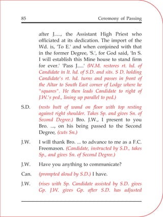 85
after J....., the Assistant High Priest who
officiated at its dedication. The import of the
Wd. is, 'To E.' and when conjoined with that
in the former Degree, 'S.', for God said, 'In S.
I will establish this Mine house to stand firm
for ever.' 'Pass J.....'
S.D.
Bro. J.W., I present to you
Bro. ..., on his being passed to the Second
Degree,
J.W. I will thank Bro. ... to advance to me as a F.C.
Freemason.
J.W. Have you anything to communicate?
Can. I have.
J.W.
(W.M. restores rt. hd. of
Candidate in lt. hd. of S.D. and sits. S D. holding
Candidate's rt. hd. turns and passes in front of
the Altar to South East corner of Lodge where he
"squares". He then leads Candidate to right of
J.W.'s ped., lining up parallel to ped.)
(rests butt of wand on floor with top resting
against right shoulder. Takes Sp. and gives Sn. of
Second Degree.)
(cuts Sn.)
(Candidate, instructed by S.D., takes
Sp., and gives Sn. of Second Degree.)
(prompted aloud by S.D.)
(rises with Sp. Candidate assisted by S.D. gives
Gp. J.W. gives Gp. after S.D. has adjusted
Ceremony of Passing
 