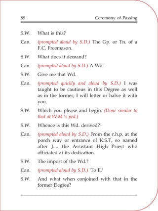 89
S.W. What is this?
Can. The Gp. or Tn. of a
F.C. Freemason.
S.W. What does it demand?
Can. A Wd.
S.W. Give me that Wd.
Can. I was
taught to be cautious in this Degree as well
as in the former; I will letter or halve it with
you.
S.W. Which you please and begin.
S.W. Whence is this Wd. derived?
Can. From the r.h.p. at the
porch way or entrance of K.S.T, so named
after J.... the Assistant High Priest who
officiated at its dedication.
S.W. The import of the Wd.?
Can. 'To E.'
S.W. And what when conjoined with that in the
former Degree?
(prompted aloud by S.D.)
(prompted aloud by S.D.)
(prompted quickly and aloud by S.D.)
(Done similar to
that at W.M.'s ped.)
(prompted aloud by S.D.)
(prompted aloud by S.D.)
Ceremony of Passing
 