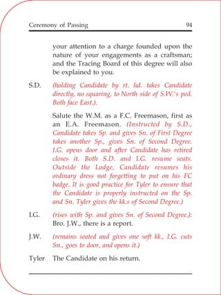 94
your attention to a charge founded upon the
nature of your engagements as a craftsman;
and the Tracing Board of this degree will also
be explained to you.
S.D.
Salute the W.M. as a F.C. Freemason, first as
an E.A. Freemason.
I.G.
Bro. J.W., there is a report.
J.W.
Tyler The Candidate on his return.
(holding Candidate by rt. hd. takes Candidate
directly, no squaring, to North side of S.W.'s ped.
Both face East.).
(Instructed by S.D.,
Candidate takes Sp. and gives Sn. of First Degree
takes another Sp., gives Sn. of Second Degree.
I.G. opens door and after Candidate has retired
closes it. Both S.D. and I.G. resume seats.
Outside the Lodge, Candidate resumes his
ordinary dress not forgetting to put on his FC
badge. It is good practice for Tyler to ensure that
the Candidate is properly instructed on the Sp.
and Sn. Tyler gives the kk.s of Second Degree.)
(rises with Sp. and gives Sn. of Second Degree.):
(remains seated and gives one soft kk., I.G. cuts
Sn., goes to door, and opens it.)
Ceremony of Passing
 