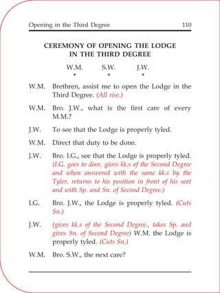 Opening in the Third Degree 110
CEREMONY OF OPENING THE LODGE
IN THE THIRD DEGREE
W.M. S.W. J.W.
* * *
W.M. Brethren, assist me to open the Lodge in the
Third Degree.
W.M. Bro. J.W., what is the first care of every
M.M.?
J.W. To see that the Lodge is properly tyled.
W.M. Direct that duty to be done.
J.W. Bro. I.G., see that the Lodge is properly tyled.
I.G. Bro. J.W., the Lodge is properly tyled.
J.W.
W.M. the Lodge is
properly tyled.
W.M. Bro. S.W., the next care?
(All rise.)
(I.G. goes to door, gives kk.s of the Second Degree
and when answered with the same kk.s by the
Tyler, returns to his position in front of his seat
and with Sp. and Sn. of Second Degree.)
(Cuts
Sn.)
(gives kk.s of the Second Degree., takes Sp. and
gives Sn. of Second Degree)
(Cuts Sn.)
 