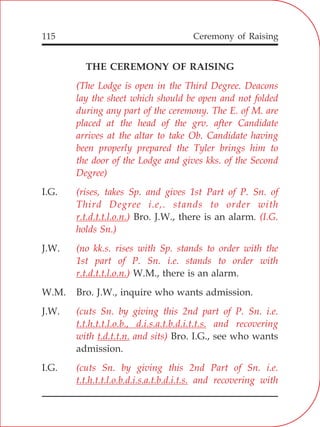 Ceremony of Raising115
THE CEREMONY OF RAISING
I.G.
Bro. J.W., there is an alarm.
J.W.
W.M., there is an alarm.
W.M. Bro. J.W., inquire who wants admission.
J.W.
Bro. I.G., see who wants
admission.
I.G.
(The Lodge is open in the Third Degree. Deacons
lay the sheet which should be open and not folded
during any part of the ceremony. The E. of M. are
placed at the head of the grv. after Candidate
arrives at the altar to take Ob. Candidate having
been properly prepared the Tyler brings him to
the door of the Lodge and gives kks. of the Second
Degree)
(rises, takes Sp. and gives 1st Part of P. Sn. of
Third Degree i.e,. stands to order with
r.t.d.t.t.l.o.n.) (I.G.
holds Sn.)
(no kk.s. rises with Sp. stands to order with the
1st part of P. Sn. i.e. stands to order with
r.t.d.t.t.l.o.n.)
(cuts Sn. by giving this 2nd part of P. Sn. i.e.
t.t.h.t.t.l.o.b., d.i.s.a.t.b.d.i.t.t.s. and recovering
with t.d.t.t.n. and sits)
(cuts Sn. by giving this 2nd Part of Sn. i.e.
t.t.h.t.t.l.o.b.d.i.s.a.t.b.d.i.t.s. and recovering with
 