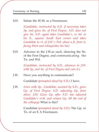 120
S.D. Salute the W.M. as a Freemason.
S.D. Advance to the J.W.as such, showing the Sn.
of the First Degree, and communicating the
Tn. and Wd.
J.W. Have you anything to communicate?
Candidate I have.
J.W.
What is this?
Candidate The Gp. or
Tn. of an E A Freemason.
(Candidate, instructed by S.D. if necessary takes
Sp. and gives Sn. of First Degree. S.D. does not
give Sn. S.D. again takes Candidate's, rt. hd. in
his lt., squares South East corner and takes
Candidate to rt. of J.W.'s Ped. about a ft. from it,
facing West and relinquishes his hd.)
(Candidate, instructed by S.D., advances to J.W.
with Sp. and Sn. of First Degree and cuts it.)
(prompted aloud by S.D.)
(rises with Sp., Candidate, assisted by S.D., gives
Gp. of First Degree, S.D. adjusting Gp. from
above. J.W. Gives Gp. after S.D. has adjusted
Candidate's rt.th. and retains Gp. till the end of
the colloquy)
(prompted aloud by S.D.)
Ceremony of Raising
 