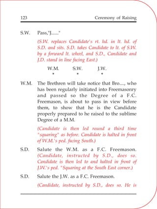 123
S.W. Pass,"J......"
W.M. S.W. J.W.
* * *
W.M. The Brethren will take notice that Bro...., who
has been regularly initiated into Freemasonry
and passed so the Degree of a F.C.
Freemason, is about to pass in view before
them, to show that he is the Candidate
properly prepared to he raised to the sublime
Degree of a M.M.
S.D. Salute the W.M. as a F.C. Freemason.
S.D. Salute the J.W. as a F.C. Freemason.
(S.W. replaces Candidate's rt. hd. in lt. hd. of
S.D. and sits. S.D. takes Candidate to lt. of S.W.
by a forward lt. wheel, and S.D., Candidate and
J.D. stand in line facing East.)
(Candidate is then led round a third time
"squaring" as before. Candidate is halted in front
of W.M.'s ped. facing South.)
(Candidate, instructed by S.D., does so.
Candidate is then led to and halted in front of
J.W.'s ped. "Squaring at the South East corner.)
(Candidate, instructed by S.D., does so. He is
Ceremony of Raising
 