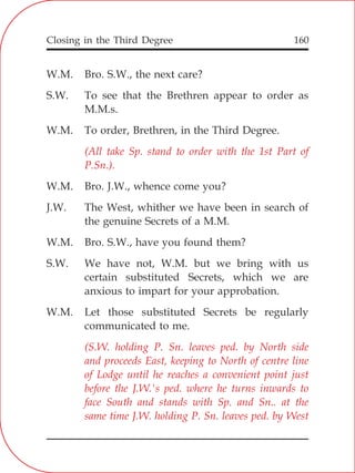Closing in the Third Degree 160
W.M. Bro. S.W., the next care?
S.W. To see that the Brethren appear to order as
M.M.s.
W.M. To order, Brethren, in the Third Degree.
W.M. Bro. J.W., whence come you?
J.W. The West, whither we have been in search of
the genuine Secrets of a M.M.
W.M. Bro. S.W., have you found them?
S.W. We have not, W.M. but we bring with us
certain substituted Secrets, which we are
anxious to impart for your approbation.
W.M. Let those substituted Secrets be regularly
communicated to me.
(All take Sp. stand to order with the 1st Part of
P.Sn.).
(S.W. holding P. Sn. leaves ped. by North side
and proceeds East, keeping to North of centre line
of Lodge until he reaches a convenient point just
before the J.W.'s ped. where he turns inwards to
face South and stands with Sp. and Sn.. at the
same time J.W. holding P. Sn. leaves ped. by West
 