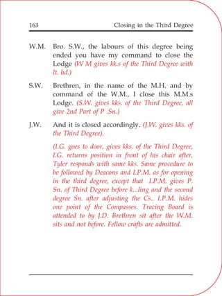 Closing in the Third Degree163
W.M. Bro. S.W., the labours of this degree being
ended you have my command to close the
Lodge
S.W. Brethren, in the name of the M.H. and by
command of the W.M., I close this M.M.s
Lodge.
J.W. And it is closed accordingly.
(W M gives kk.s of the Third Degree with
lt. hd.)
(S.W. gives kks. of the Third Degree, all
give 2nd Part of P .Sn.)
(J.W. gives kks. of
the Third Degree).
(I.G. goes to door, gives kks. of the Third Degree,
I.G. returns position in front of his chair after,
Tyler responds with same kks. Same procedure to
be followed by Deacons and I.P.M. as for opening
in the third degree, except that I.P.M. gives P.
Sn. of Third Degree before k...ling and the second
degree Sn. after adjusting the Cs.. I.P.M. hides
one point of the Compasses. Tracing Board is
attended to by J.D. Brethren sit after the W.M.
sits and not before. Fellow crafts are admitted.
 